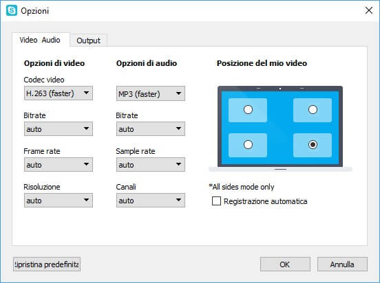 Impostazioni video audio Skype video recorder