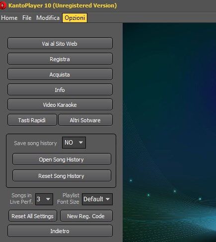 Menu opzioni Kanto Karaoke