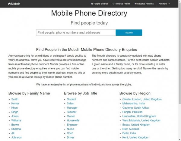 directory di numeri di telefono