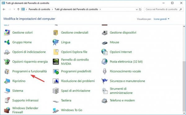 Programmi e funzionalità pannello di controllo windows 10