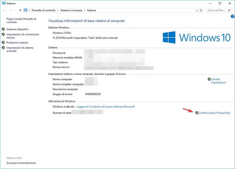 Cambia codice product key da Pannello di controllo
