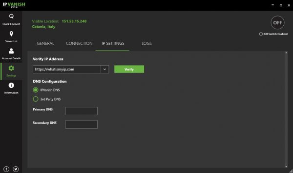 VPN IPVanish e verifica indirizzo ip