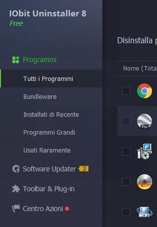 menu laterale iobit uninstaller 8