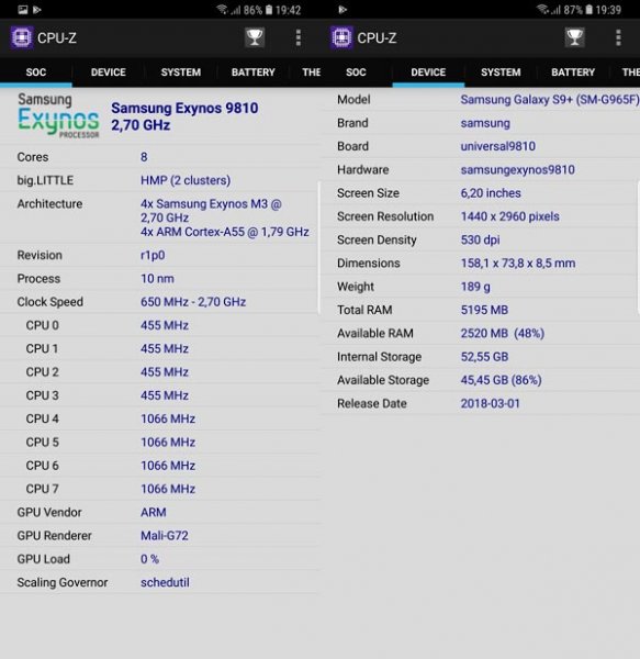 samsung s9 plus cpu z