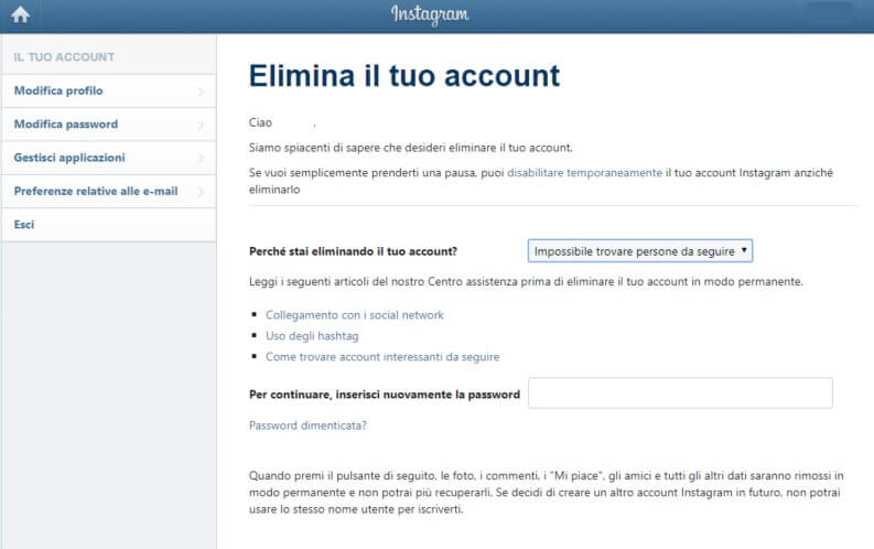 Eliminare il tuo account Instagram