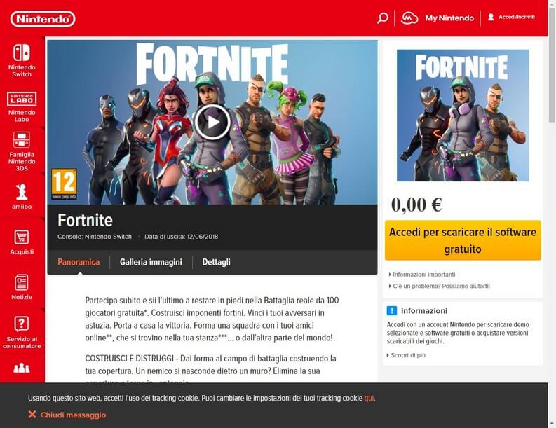 pagina di Fortnite su Nintendo Switch dal web