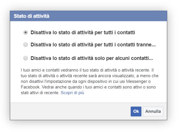 disattiva stato attività facebook