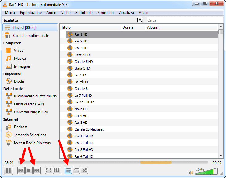 vlc canale da riprodurre