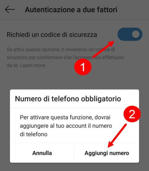 come attivare autenticazione a due fattori instagram