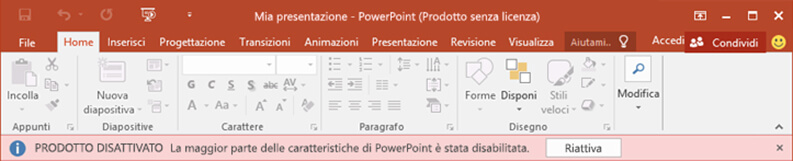 Prodotto Microsoft Office disattivato