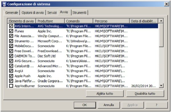 disabilitare programmi avvio Windows 7