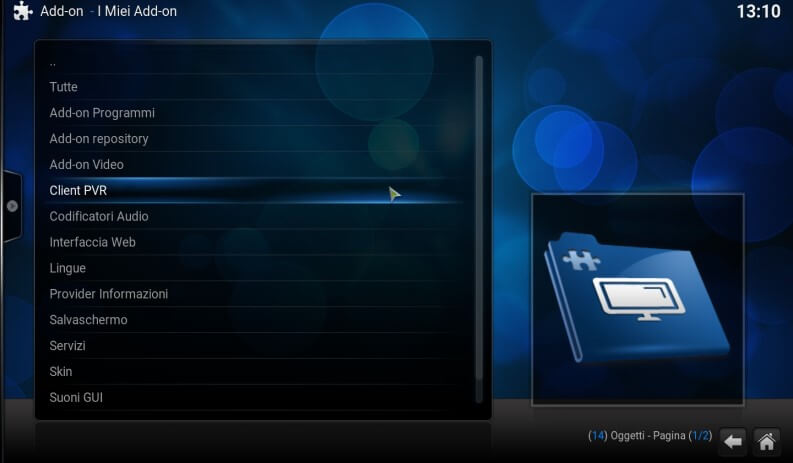 client PVR tra gli add on di Kodi