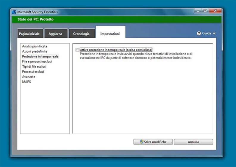 Disattivare Windows Defender su Windows 7