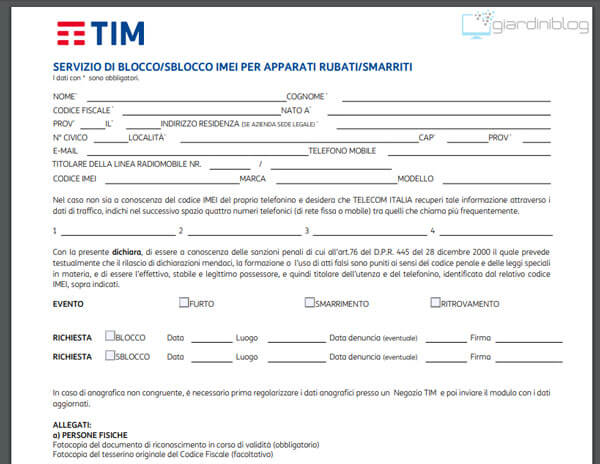 richiesta modulo blocco imei