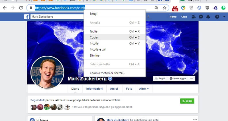 copiare link indirizzo web di facebook