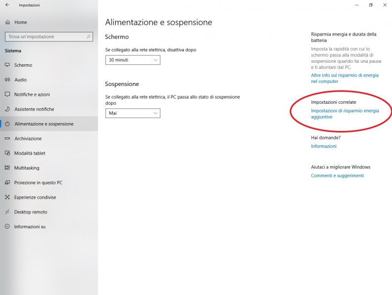 alimentazione e sospensione windows