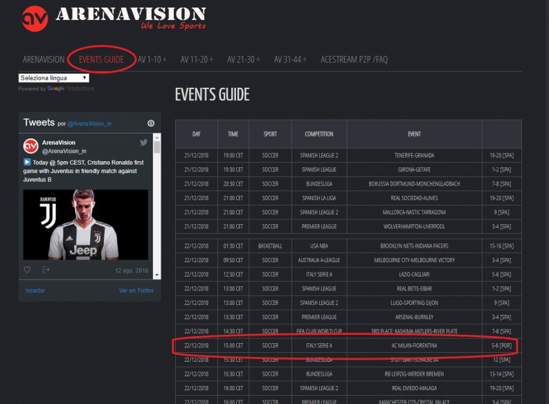 Arenavision guida eventi