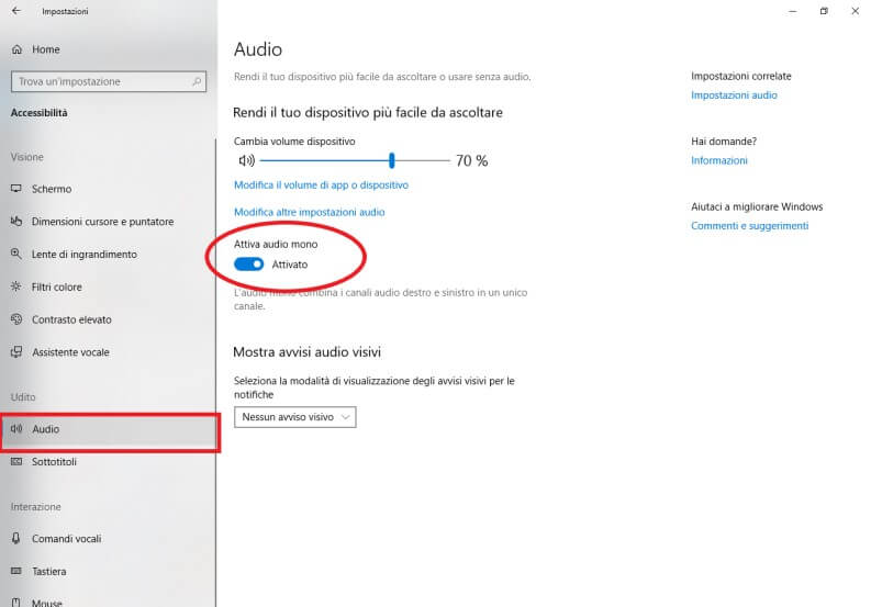 Impostare audio Mono su Windows 10