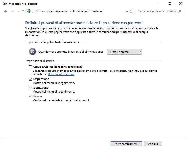 disattivare avvio rapido windows