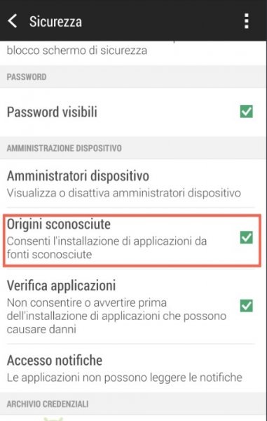 consentire installazione da origini sconosciute