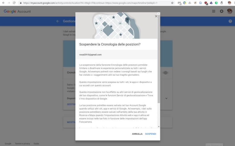 sospendere la cronologia di posizioni di google maps