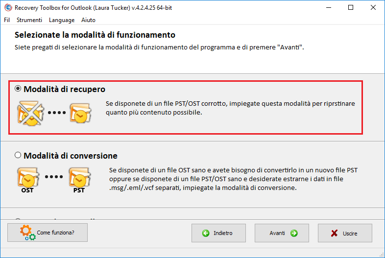 seleziona modalita recupero file outlook