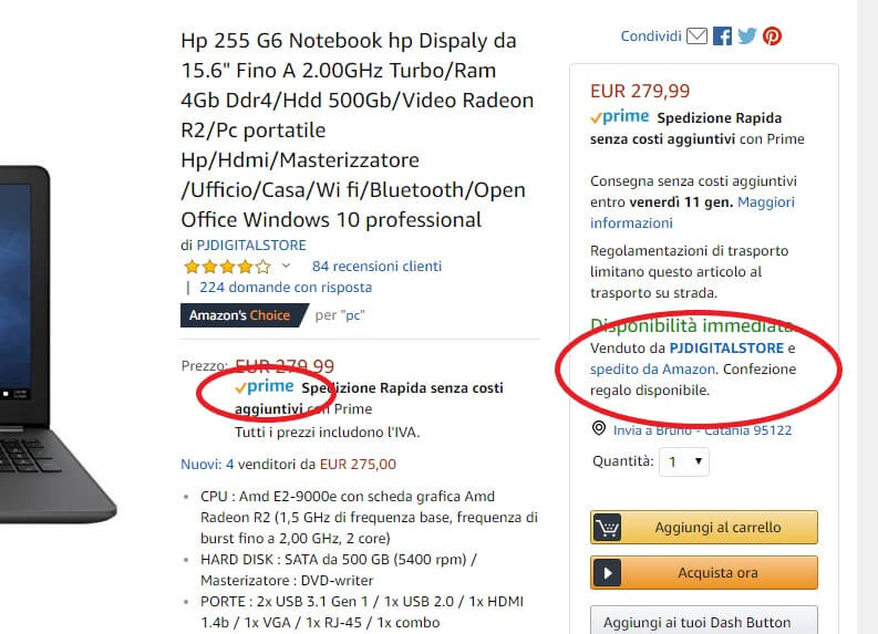 Trovare i prodotti venduti e spediti da Amazon