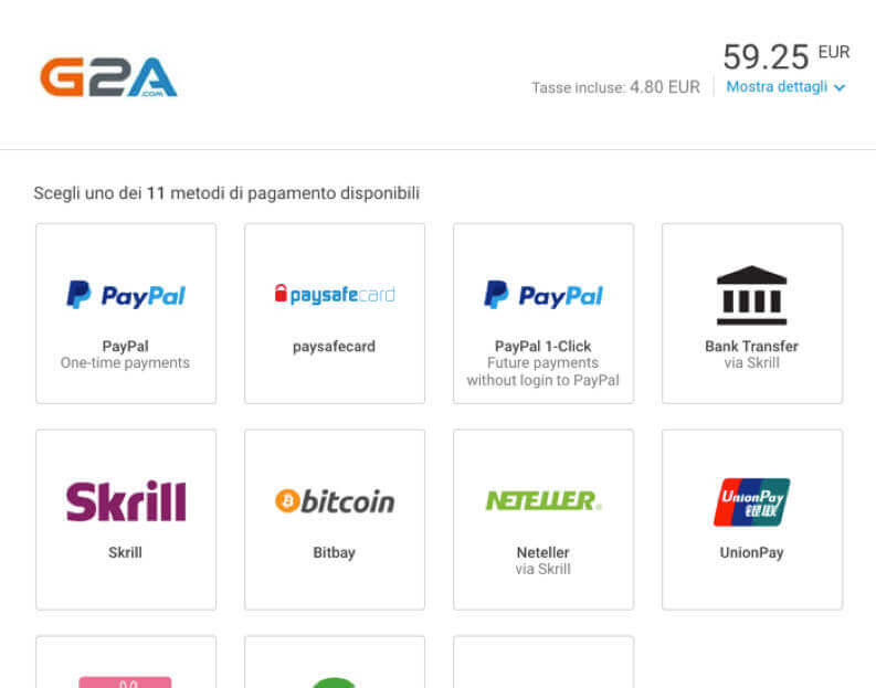 metodi di pagamento per g2a