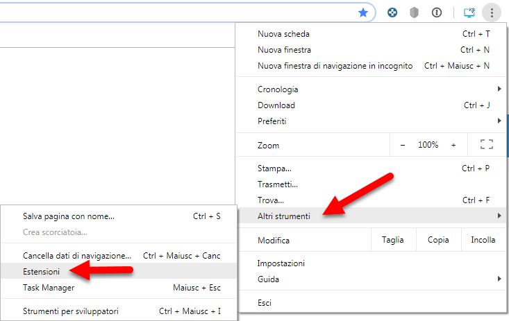 menù estensioni google chrome