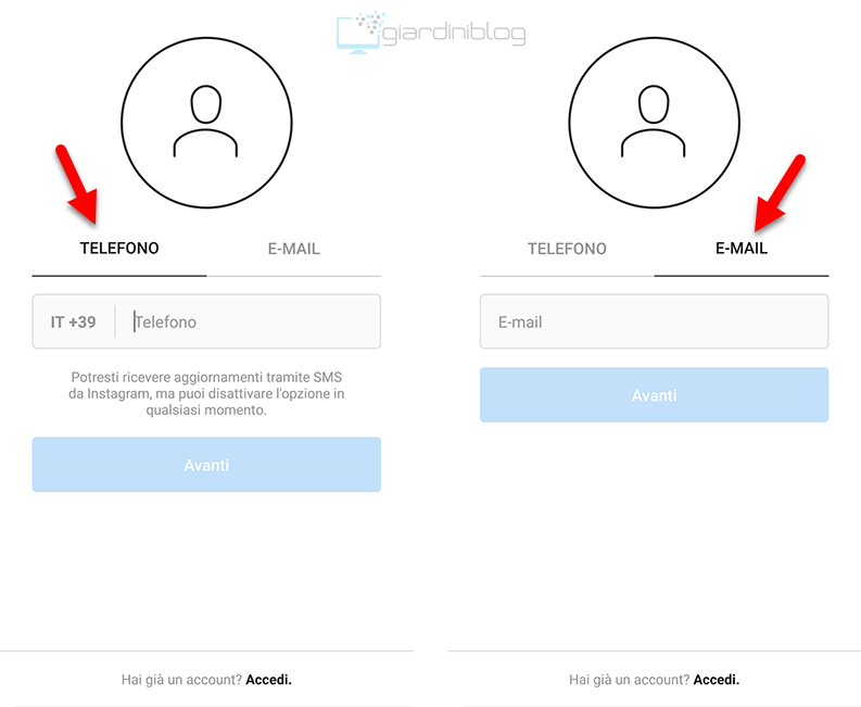 creare account instagram mobile telefono email