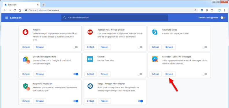 come rimuovere estensioni google chrome