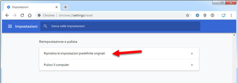 ripristino impostazioni predefinite google chrome