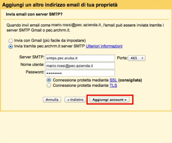 aggiungi account pec alle impostazioni gmail