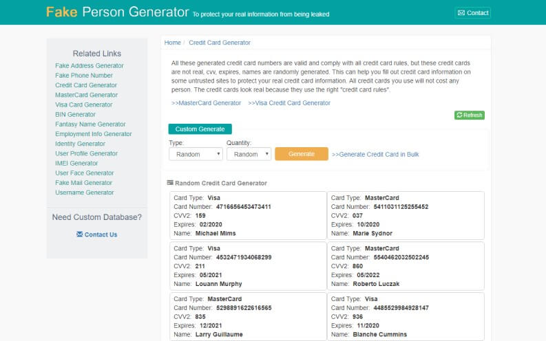 Generatore carte di credito e cvv: Fake person generator