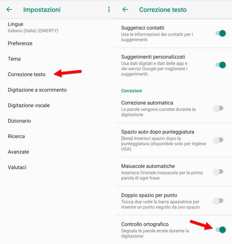 attivare controllo ortografico android