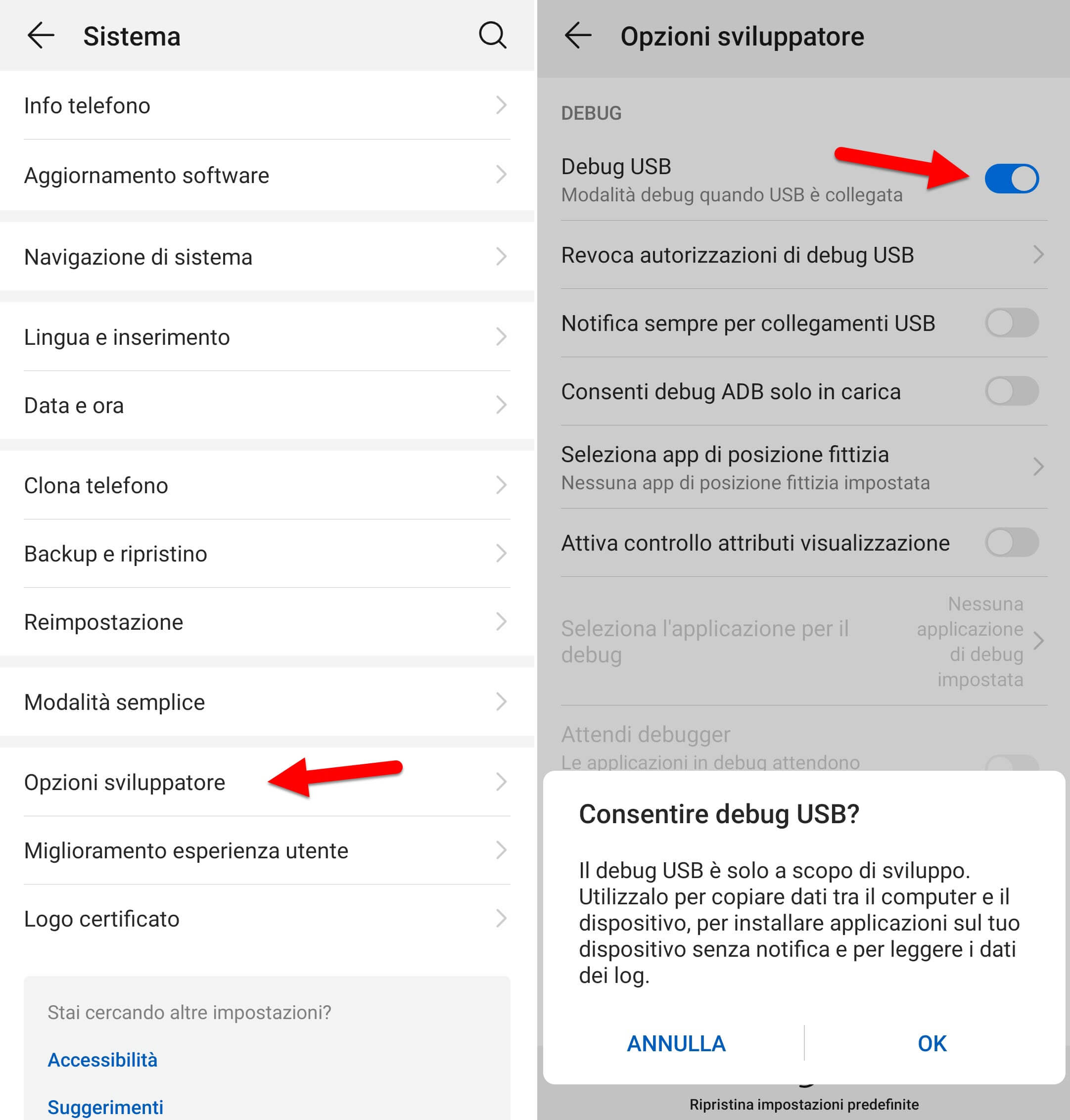 attivare debug usb abilitare opzioni sviluppatore