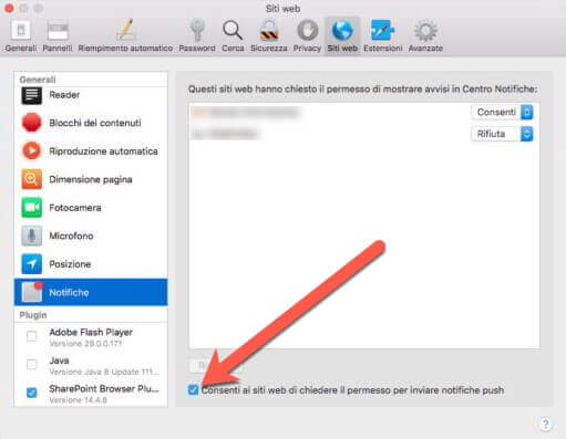 bloccare notifiche push su safari