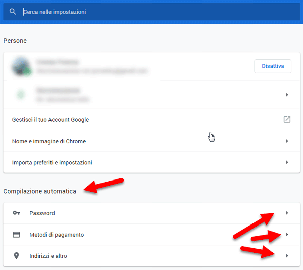 disattivare completamento automatico chrome