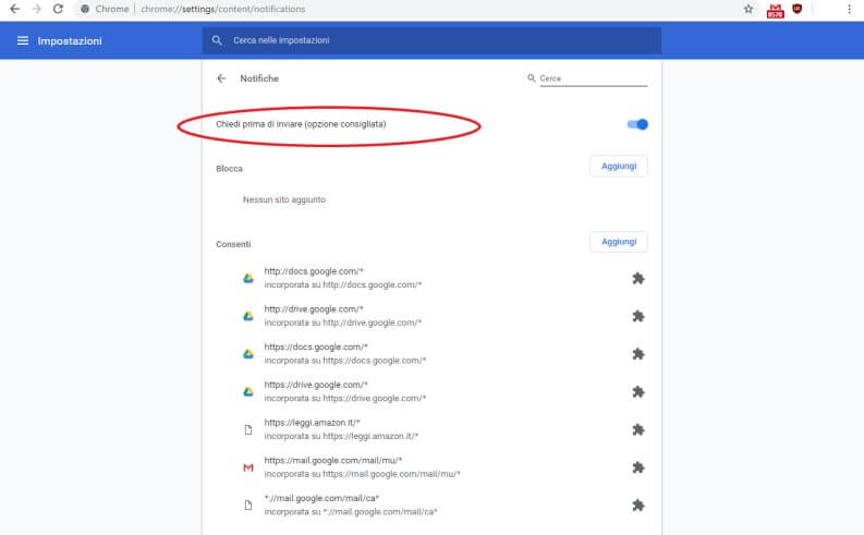 Bloccare notifiche sul browser di Google Chrome