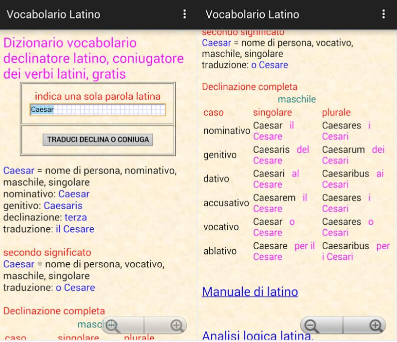 Applicazione dizionario latino italiano