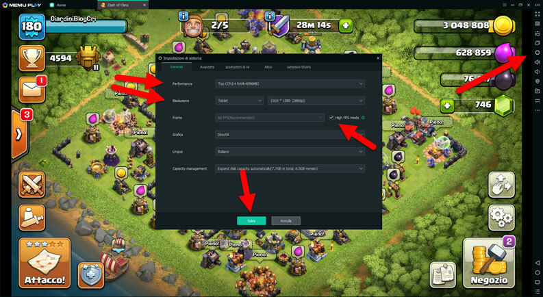 clash of clans pc memu impostazioni