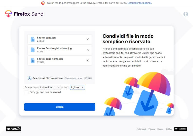 Firefox Send: caricamento file