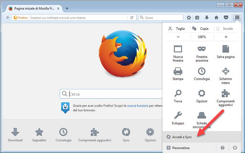 accedi a sync firefox