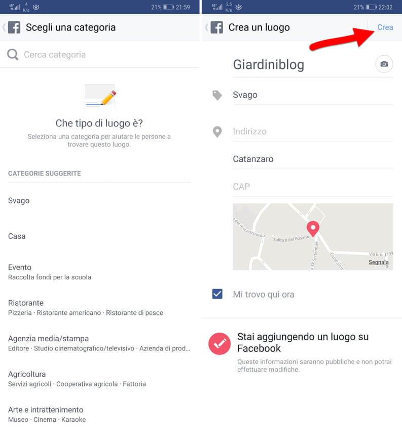 creare luogo facebook
