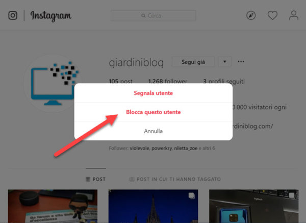 blocca contatto instagram web