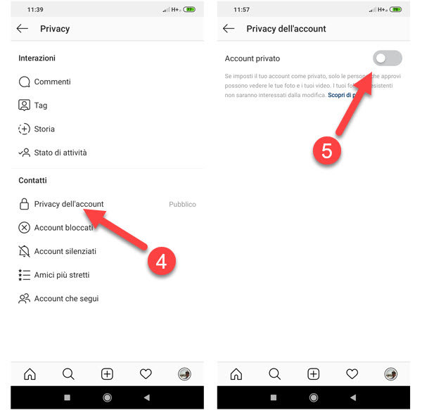 impostare account privato instagram android