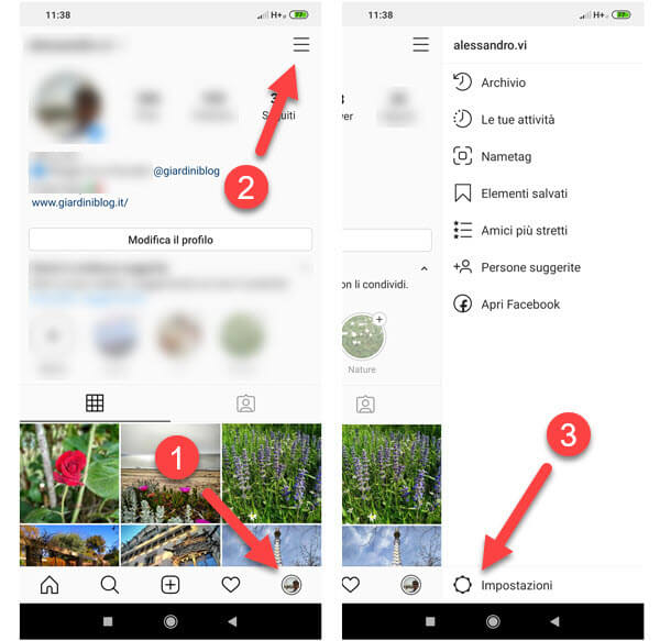 impostazioni account instagram android