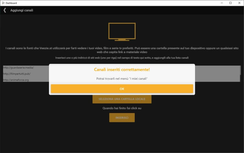 conferma inserimento canali Veezie