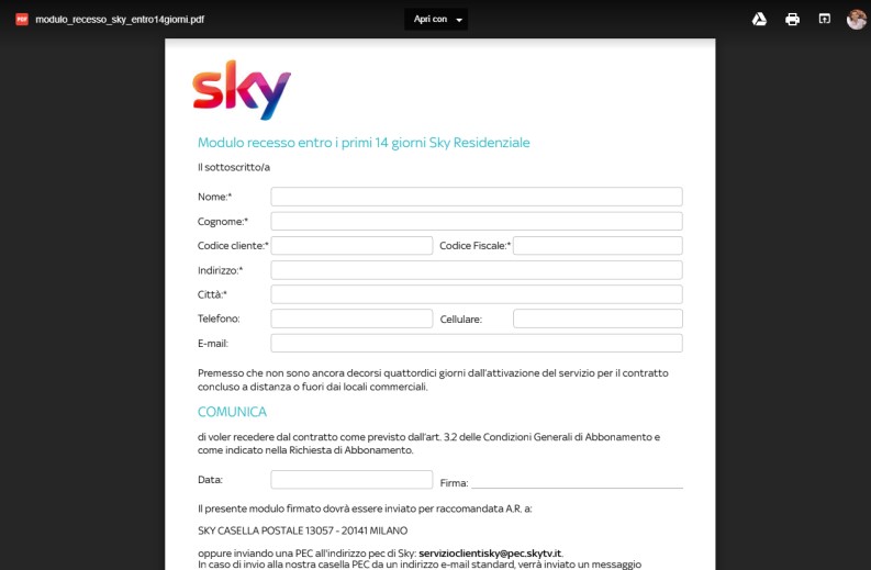 Come disdire Sky: recesso