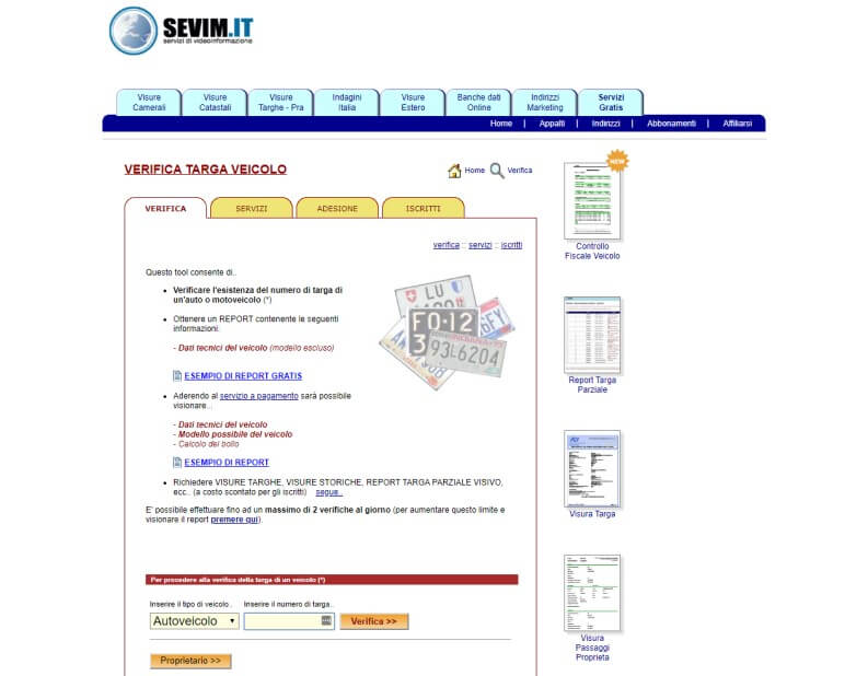 Sevim.it verificare targa veicolo